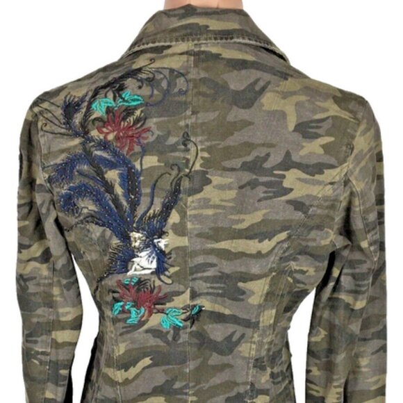 Morbid Threads Jackets & Blazers - Morbid Threads Denim Military Jacket Embroidery Beaded Camouflage Women's XL